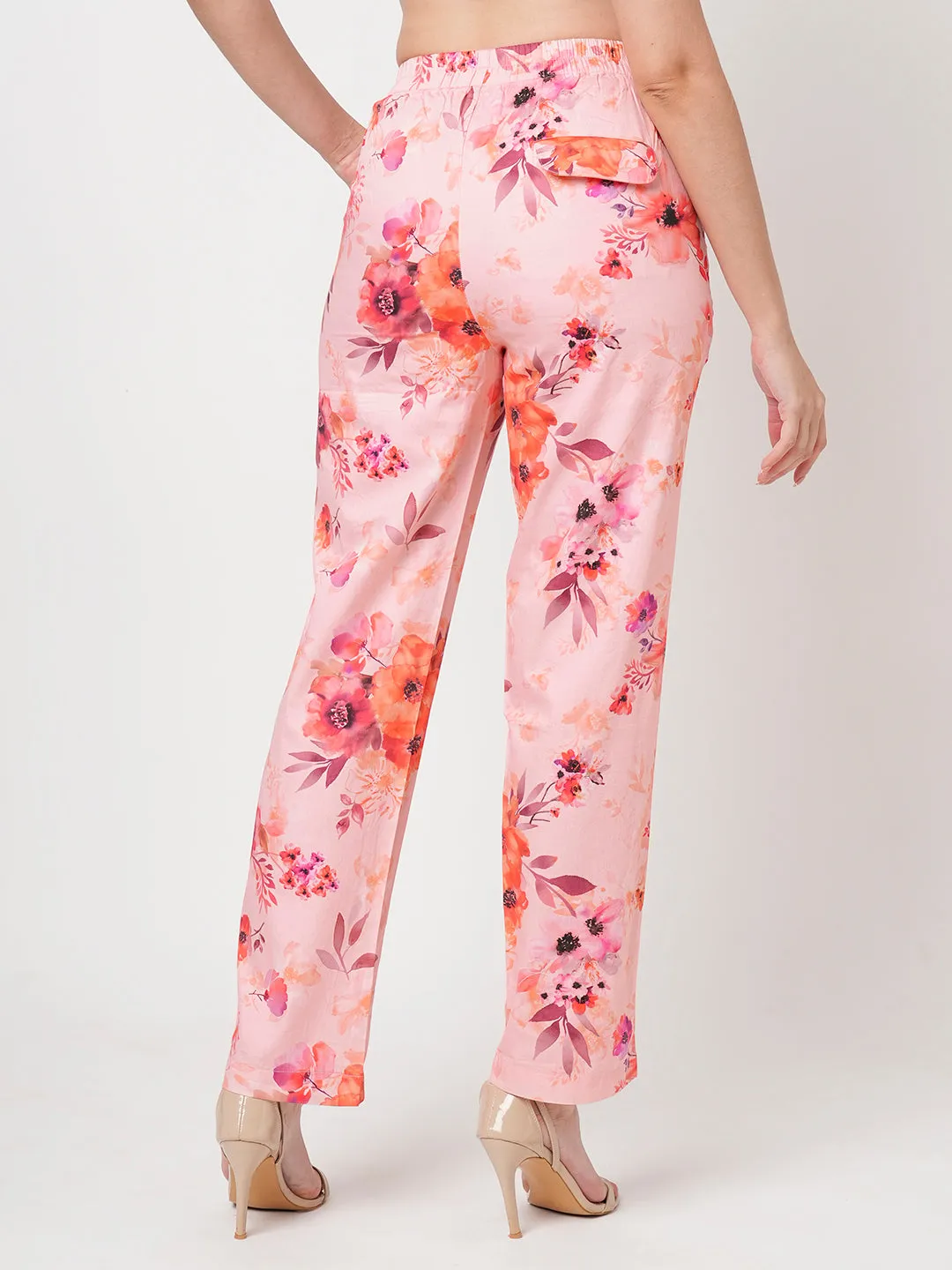 Women Soft Peach High-Rise Relaxed Straight Fit Pants