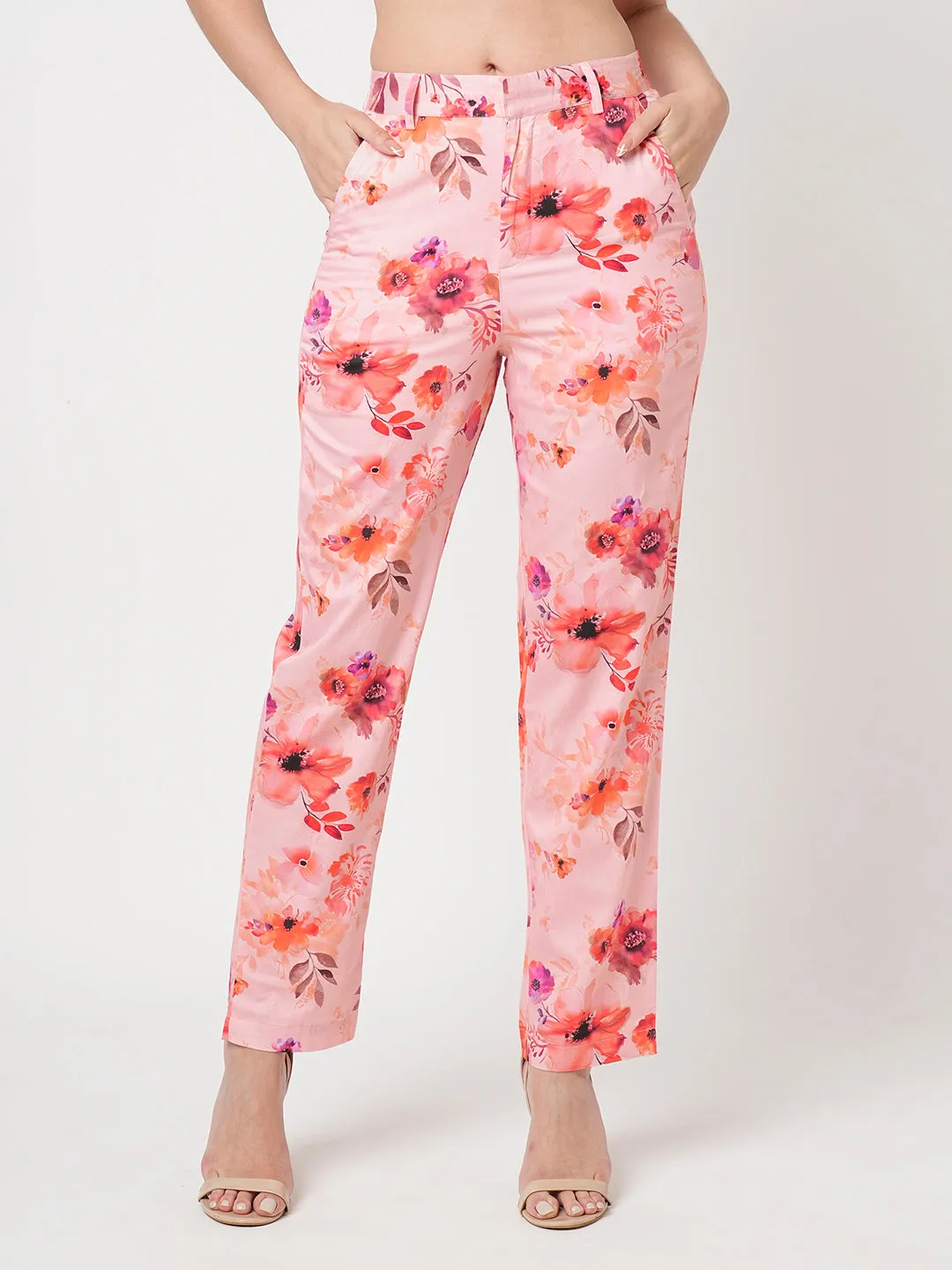 Women Soft Peach High-Rise Relaxed Straight Fit Pants