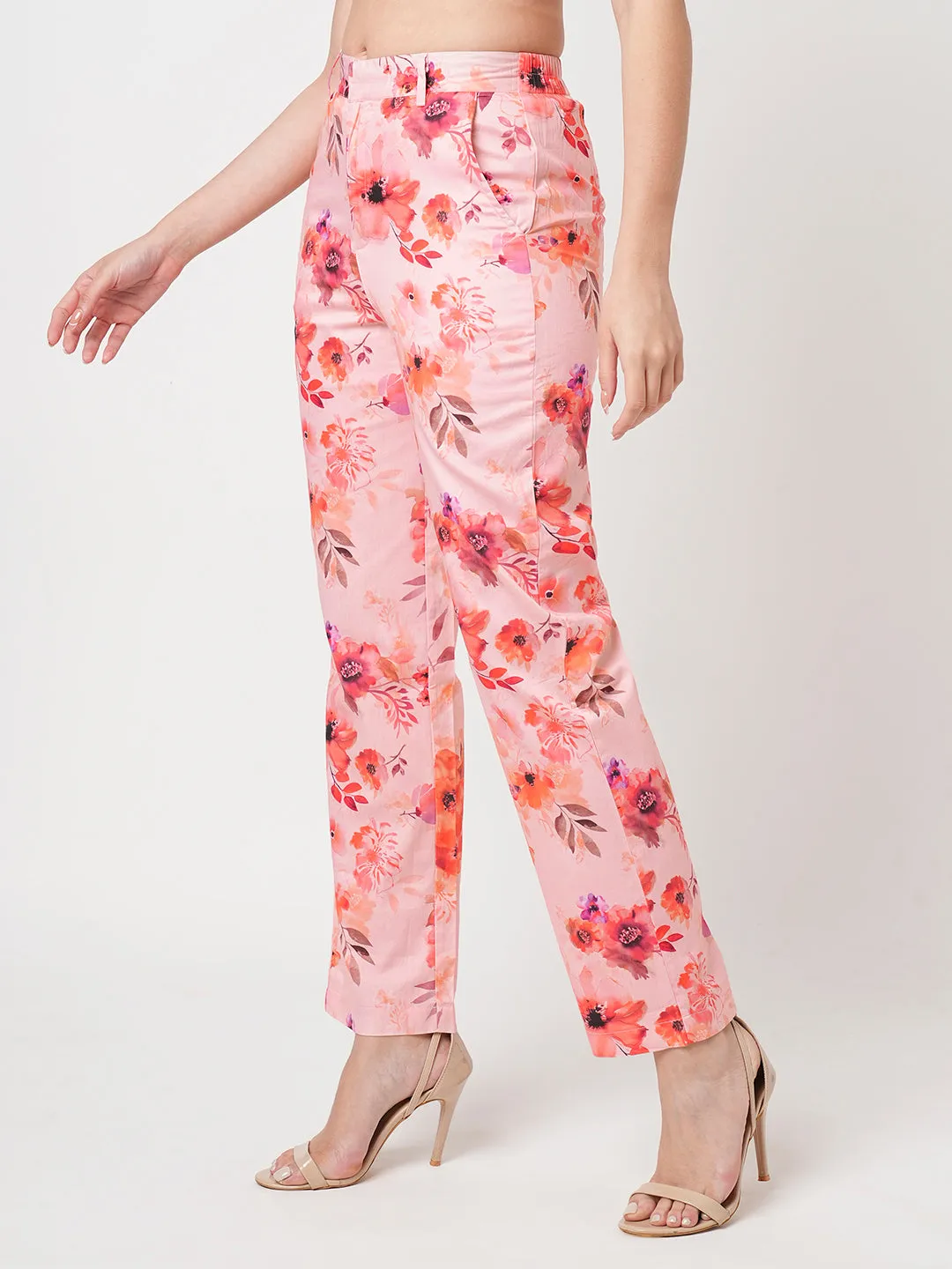 Women Soft Peach High-Rise Relaxed Straight Fit Pants