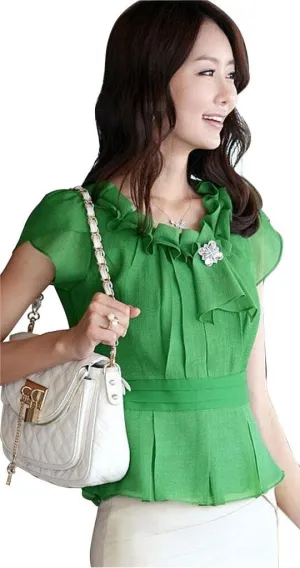 Women's Chiffon Slim Ruffle Tunic Round Neck Tops Short Sleeve Blouse